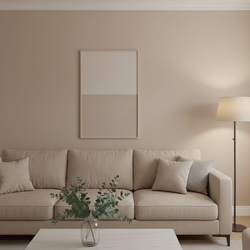 Przestronny salon z dużą, wygodną kanapą w kolorze beżowym. Jedna ze ścian jest pomalowana na delikatny, pastelowy odcień piasku, a na niej wisi minimalistyczny obraz. Na stoliku kawowym stoi wazon z gałązkami eukaliptusa, a całość oświetla miękkie, rozproszone światło lampy podłogowej. Wnętrze emanuje spokojem i ciepłem.