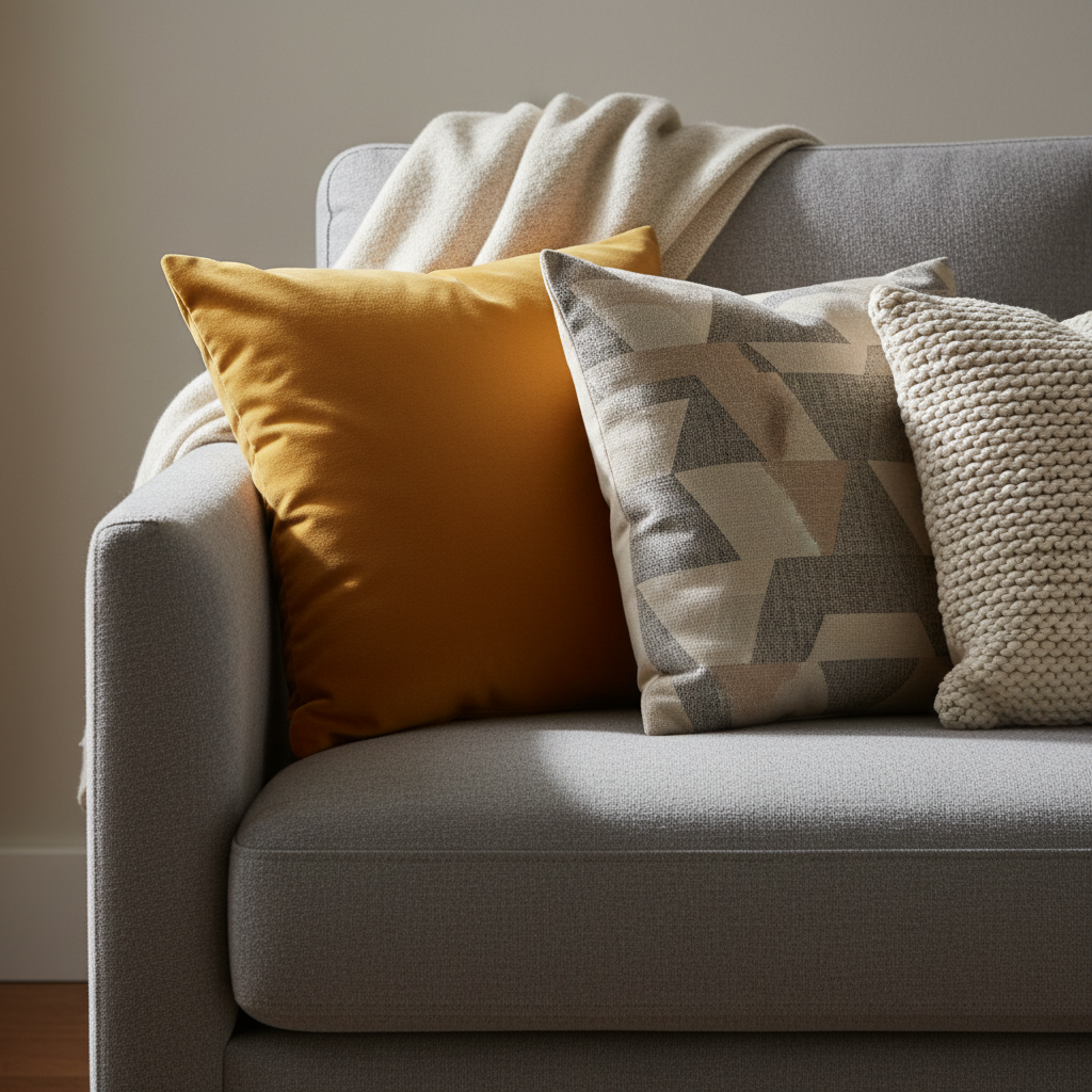 Zbliżenie na róg nowoczesnej, szarej sofy. Na niej leżą ułożone artystycznie poduszki dekoracyjne w różnych teksturach i kolorach – jedna musztardowa z weluru, druga w geometryczne wzory w odcieniach beżu i szarości, trzecia z grubej, plecionej bawełny. Przez oparcie sofy przerzucony jest miękki, wełniany pled w kolorze ecru. Światło padające z boku podkreśla fakturę materiałów, tworząc ciepłą i zapraszającą atmosferę.