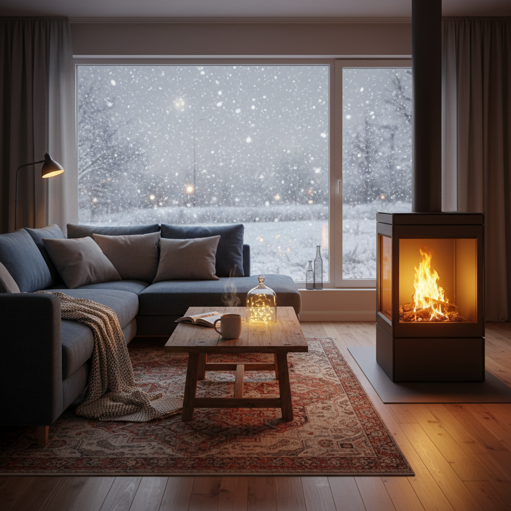 Ciepły, przytulny salon w zimowy wieczór. Przez duże okno widać padający śnieg. Wewnątrz pali się kominek (lub widać nowoczesny, estetyczny grzejnik), na kanapie leży koc, a na stoliku stoi kubek z gorącą herbatą. Scena emanuje ciepłem, komfortem i bezpieczeństwem.