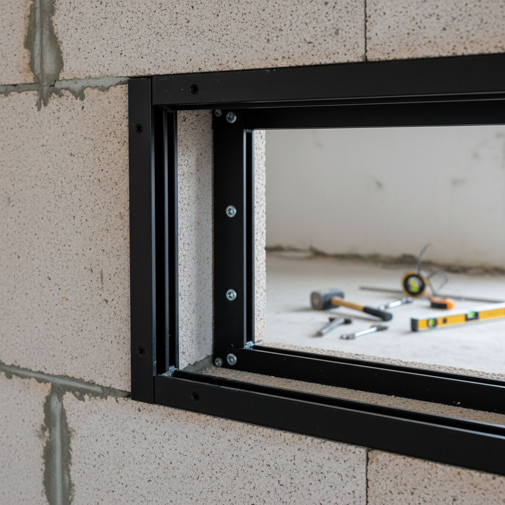Zbliżenie na narożnik otworu okiennego w surowym murze, gdzie zamontowane są czarne profile nośne systemu MOWO, tworząc idealnie równą ramę. W tle widać narzędzia budowlane, światło dzienne pada na ścianę.