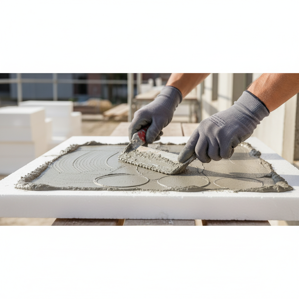 Zbliżenie na dłonie pracownika w rękawicach roboczych, który za pomocą pacy zębatej precyzyjnie nakłada zaprawę klejową na białą płytę styropianową, tworząc idealną ramkę na obwodzie i kilka równomiernie rozmieszczonych placków na środku. Tło jest lekko rozmyte, skupiając uwagę na technice.