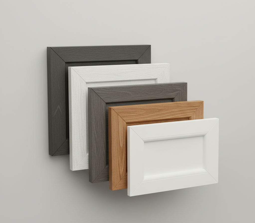 Estetyczna kompozycja próbek ram okiennych w różnych kolorach i fakturach. Próbki są ułożone na neutralnym, jasnoszarym tle. Widoczne są modne odcienie antracytu, różne dekory drewnopodobne z wyraźną fakturą słojów oraz klasyczna biel. Kompozycja jest harmonijna i inspirująca.