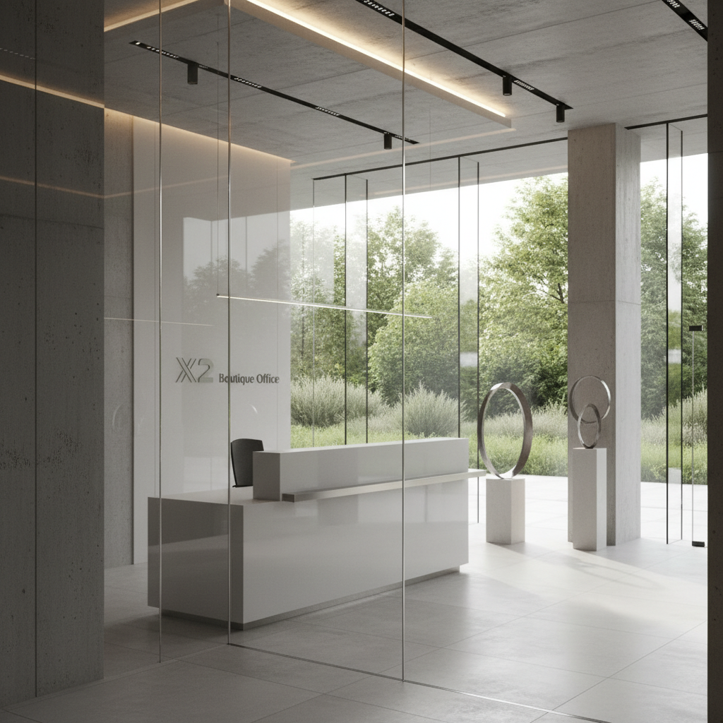 Elegancka, oszklona recepcja biurowca X2 Boutique Office. Widok od środka na minimalistyczne, nowoczesne biurko recepcyjne. W tle duże, szklane ściany, przez które widać zieleń na zewnątrz. Gra świateł i cieni podkreśla połączenie szkła, stali i betonu architektonicznego.