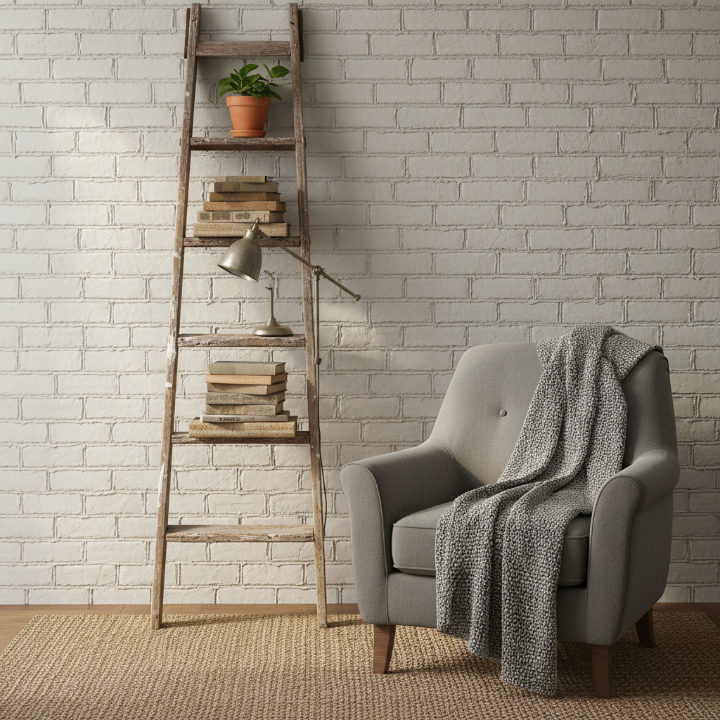 Stara, drewniana drabina malarska oparta o ścianę z białej cegły w przytulnym kąciku czytelniczym. Na jej szczeblach ułożone są deski z surowego drewna, tworzące półki. Na półkach leżą stosy książek, mała zielona roślina w glinianej doniczce i metalowa lampka w stylu retro. Obok stoi wygodny fotel z szarym kocem.