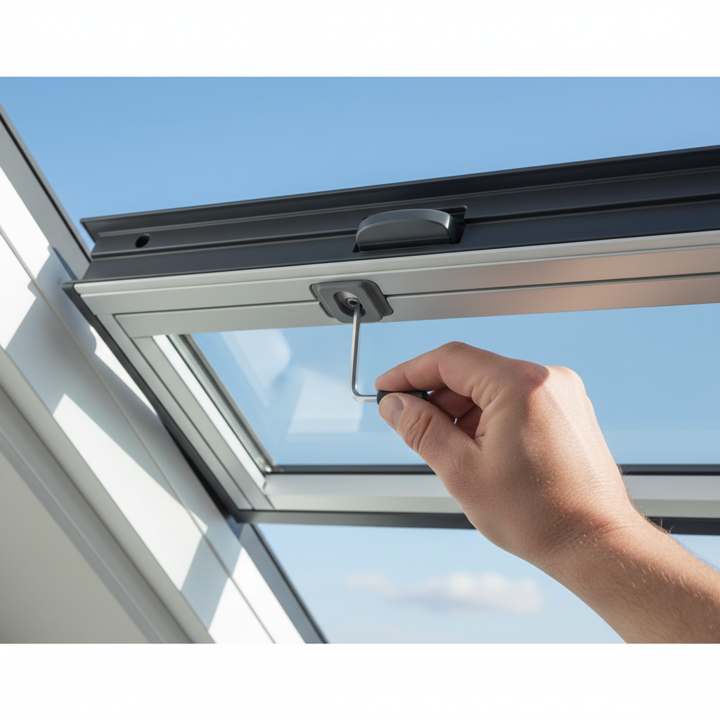 Zbliżenie na dłoń dekarza lub właściciela domu, który z łatwością dokonuje regulacji okna dachowego RotoQ za pomocą dołączonego klucza. Okno jest otwarte, a w tle widać fragment czystego, błękitnego nieba. Kadr ma być jasny, techniczny, ale jednocześnie estetyczny, pokazujący prostotę i precyzję mechanizmu "na klik".