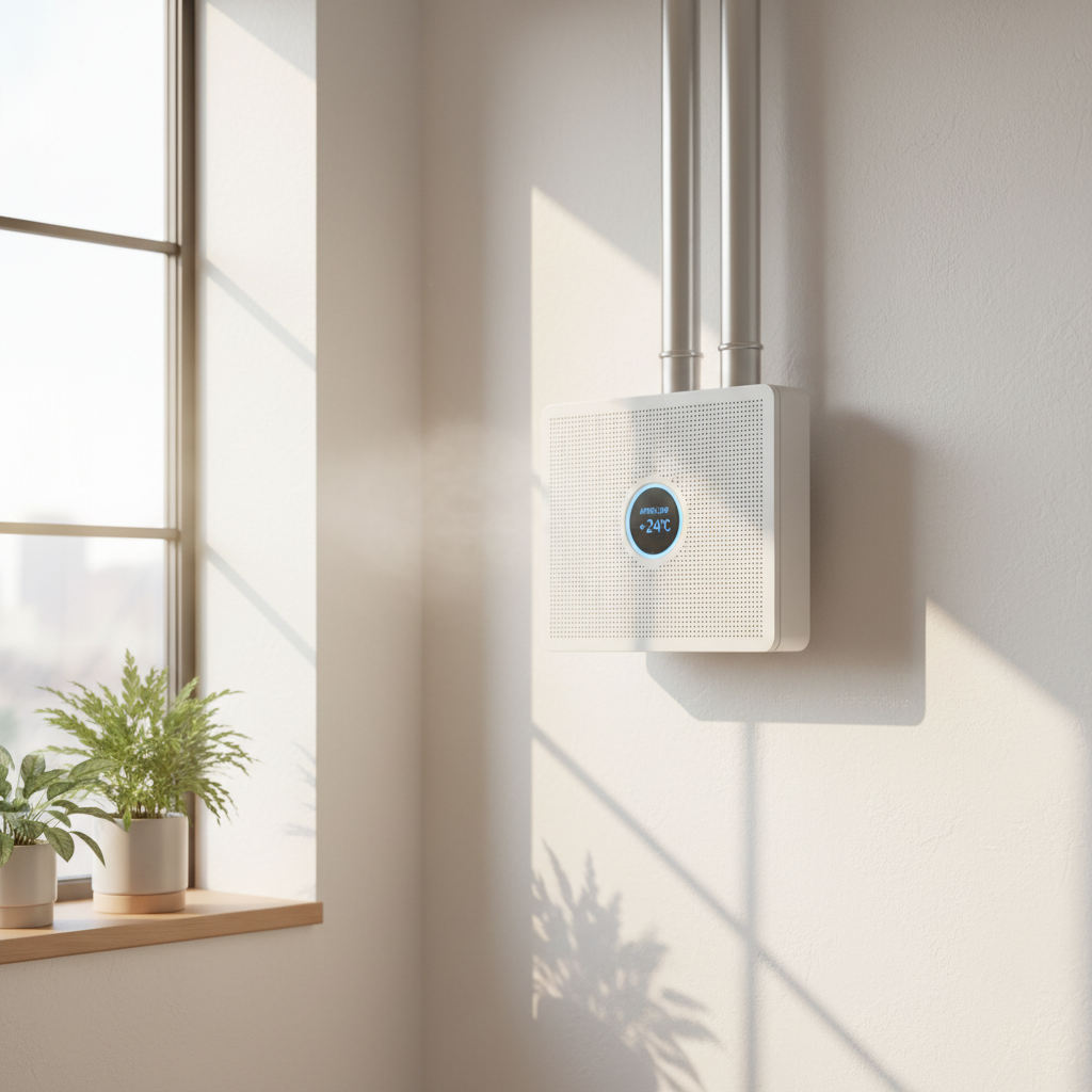 Szczegółowe zbliżenie nowoczesnego systemu wentylacji z rekuperacją, zainstalowanego w jasnej, minimalistycznej ścianie wewnętrznej domu. Naturalne światło słoneczne wpada przez pobliskie okno, podkreślając ekologiczną technologię działającą w tle.