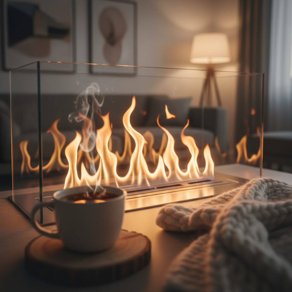 Zbliżenie na tańczące, ciepłe płomienie w nowoczesnym, szklanym biokominku. W lekko rozmytym pierwszym planie widać parujący kubek z herbatą i fragment miękkiego, wełnianego koca. Cała kompozycja emanuje spokojem, ciepłem i uczuciem głębokiego relaksu w domowym zaciszu.