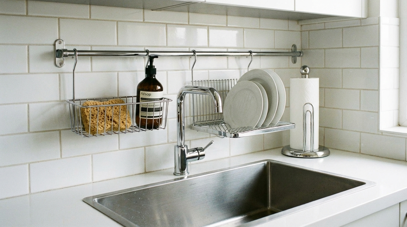 Zbliżenie na fragment nowoczesnej kuchni z białymi płytkami typu metro. Nad stalowym zlewem zamontowany jest chromowany reling. Na relingu wisi koszyczek z gąbką i płynem do mycia naczyń, mała suszarka z kilkoma talerzami oraz elegancki uchwyt na papierowy ręcznik. Całość jest dobrze oświetlona, co podkreśla czystość i porządek.