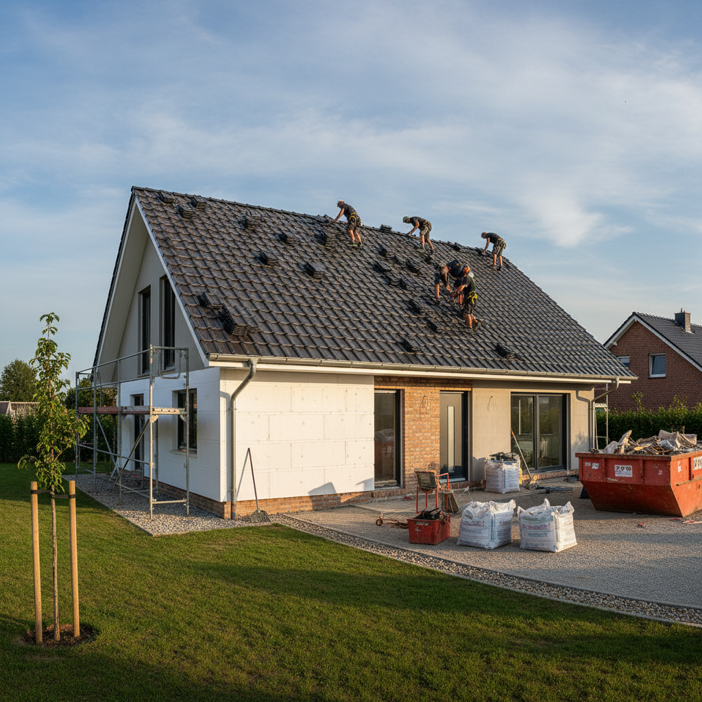Szerokie ujęcie nowoczesnego domu jednorodzinnego w trakcie prac modernizacyjnych. Na dachu widać ekipę budowlaną profesjonalnie montującą nowe, ciemne dachówki. Jedna ze ścian jest częściowo pokryta płytami styropianowymi, co obrazuje proces termomodernizacji.