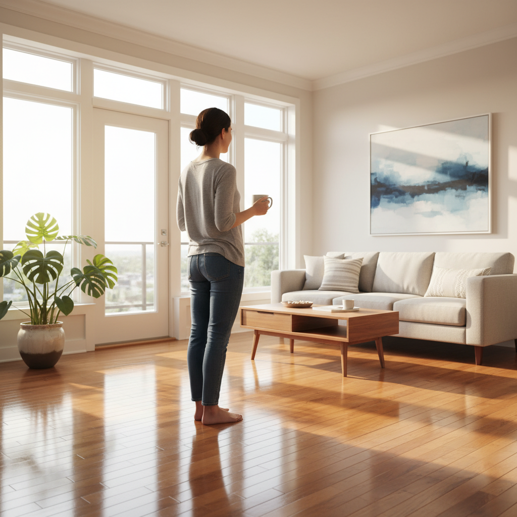 Jasne, nowoczesne wnętrze salonu z piękną, świeżo polakierowaną drewnianą podłogą. W tle, przez duże okno, wpada ciepłe światło słoneczne. Na pierwszym planie, odwrócona tyłem, stoi osoba (właściciel domu) z kubkiem kawy w ręku, z dumą i satysfakcją patrząca na efekt swojej pracy. Wnętrze jest minimalistyczne, ale przytulne, co podkreśla jakość wykonanych prac.