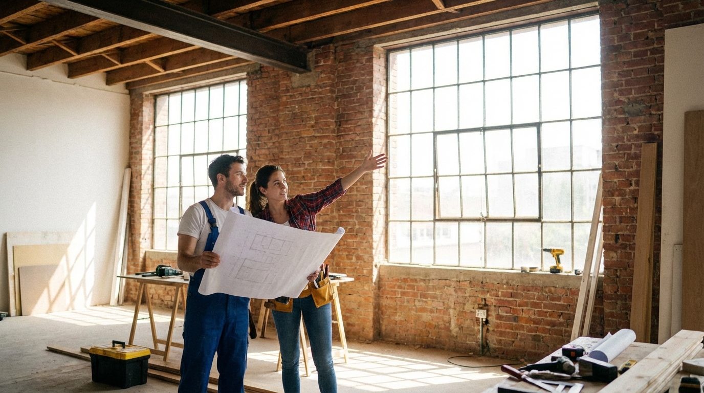 Jasne, nowoczesne wnętrze mieszkania w trakcie remontu. W tle widać ścianę z cegły, a na pierwszym planie stoi para z planami architektonicznymi, zastanawiając się nad wyburzeniem ściany. Światło dzienne wpada przez duże okna, tworząc optymistyczną i inspirującą atmosferę.