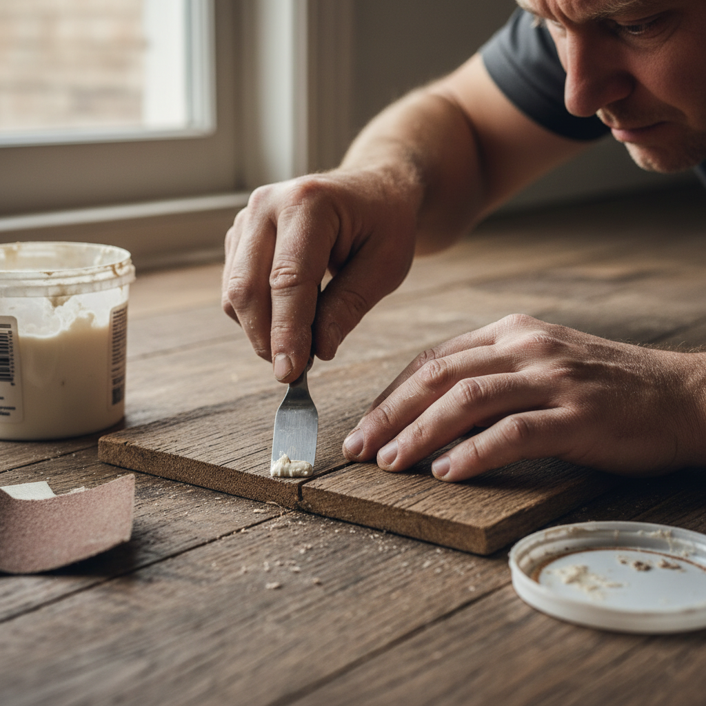 Zbliżenie na dłonie rzemieślnika, który za pomocą małej, metalowej szpachelki precyzyjnie wypełnia ubytek w starej, dębowej desce podłogowej. Wokół widać narzędzia do renowacji: papier ścierny i pojemnik z masą szpachlową. Światło z okna podkreśla fakturę drewna i skupienie na twarzy osoby wykonującej pracę.