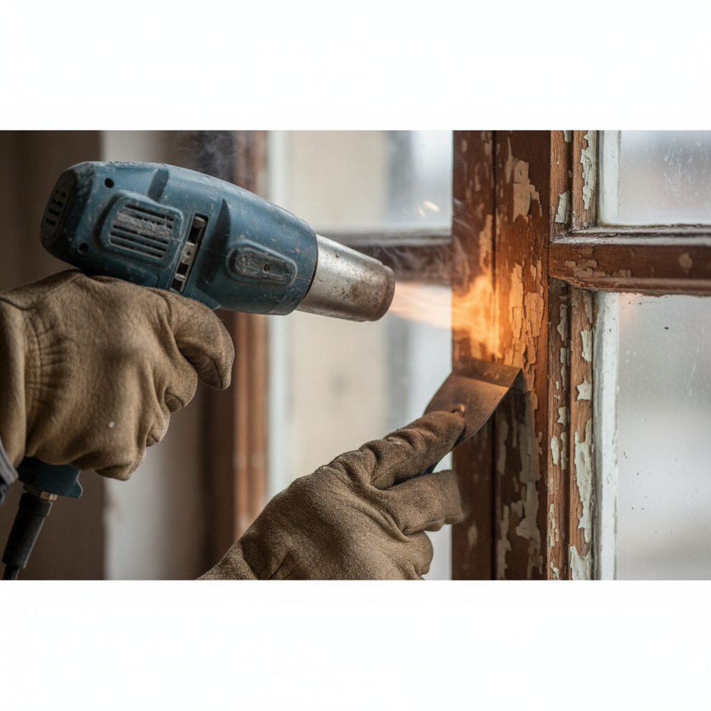 Zbliżenie na dłoń w rękawicy roboczej, która używa opalarki do usuwania starej, łuszczącej się farby z drewnianej ramy okiennej. Widać unoszące się opary ciepła i skrobak w drugiej dłoni.