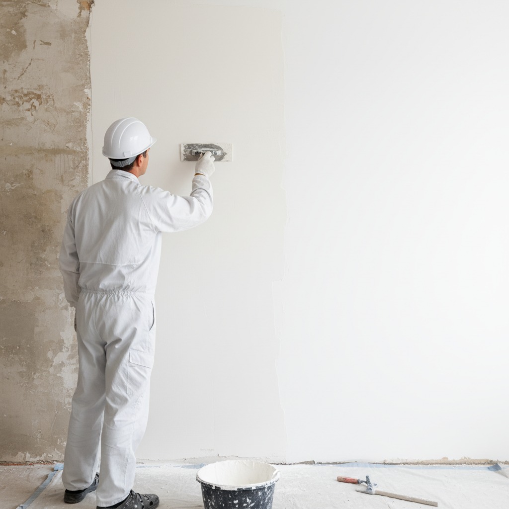 Ujęcie pokazujące profesjonalnego pracownika w czystym stroju roboczym, który starannie nakłada pacą nową, gładką warstwę białego tynku na odnowioną ścianę domu. Obok widać fragment ściany już po renowacji, kontrastujący ze starą powierzchnią.