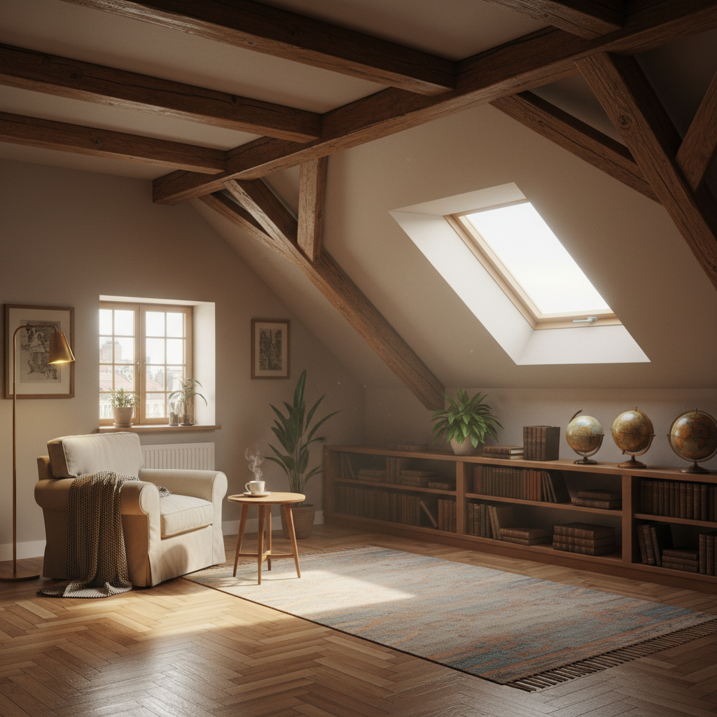 Przytulny pokój na poddaszu w starej kamienicy. Widoczne są odrestaurowane, drewniane belki stropowe. Na podłodze piękny, stary parkiet, który został odnowiony po montażu niewidocznego ogrzewania podłogowego. Wnętrze jest stylowe i ciepłe.