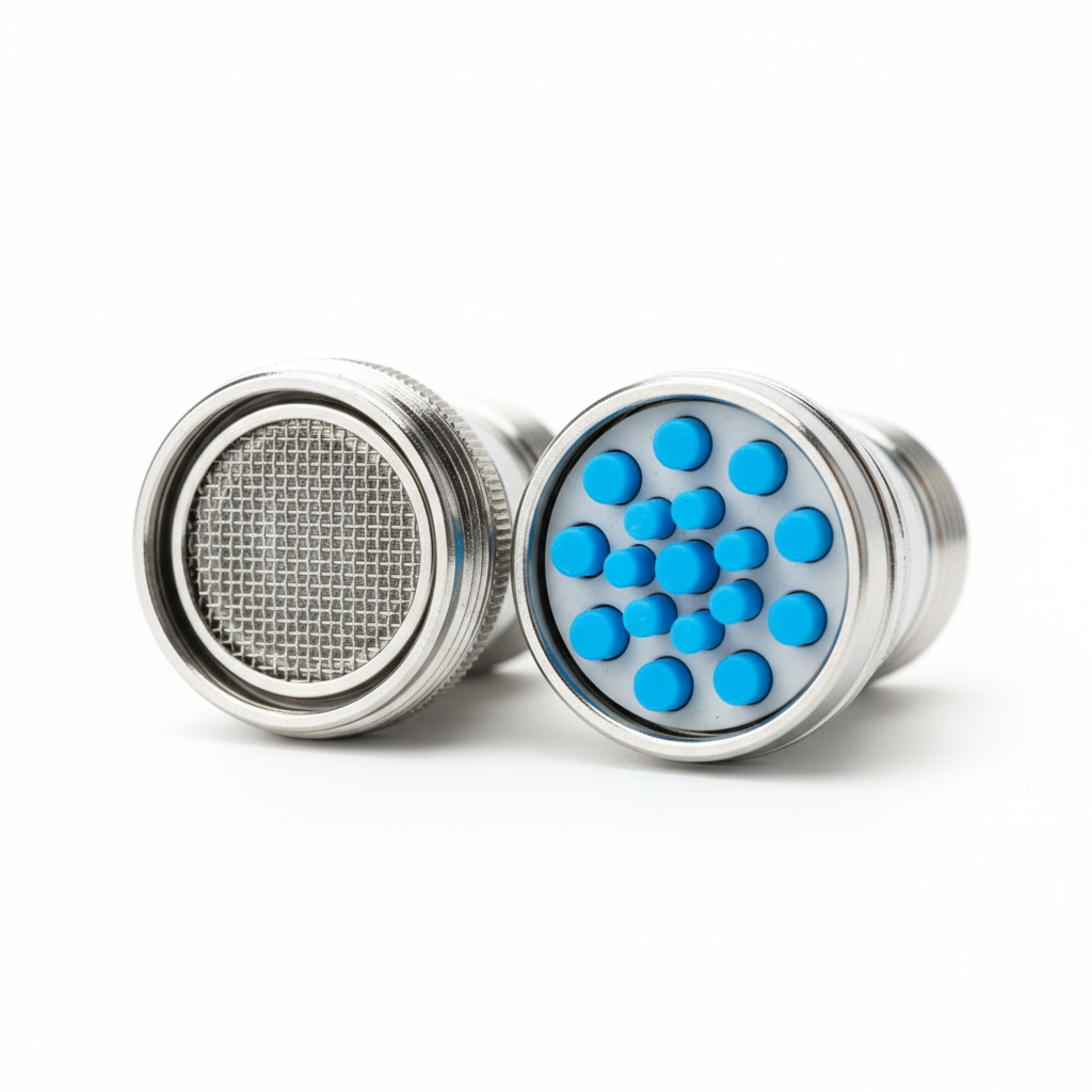 Makrofotografia dwóch perlatorów leżących na białym, gładkim tle. Po lewej stronie tradycyjny perlator z metalową siateczką, po prawej nowoczesny perlator z widocznymi, niebieskimi silikonowymi wypustkami. Ujęcie jest czyste, studyjne, z delikatnym oświetleniem podkreślającym detale.