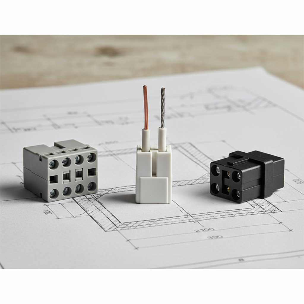 Estetyczne ujęcie trzech rodzajów złączek oświetleniowych (szara, biała, czarna) na neutralnym, lekko teksturowanym tle, np. rysunku technicznym lub blacie warsztatowym. Złączki są ułożone w uporządkowany sposób, a jedna z nich jest pokazana w użyciu, z podłączonymi przewodami (sztywnym i linką).