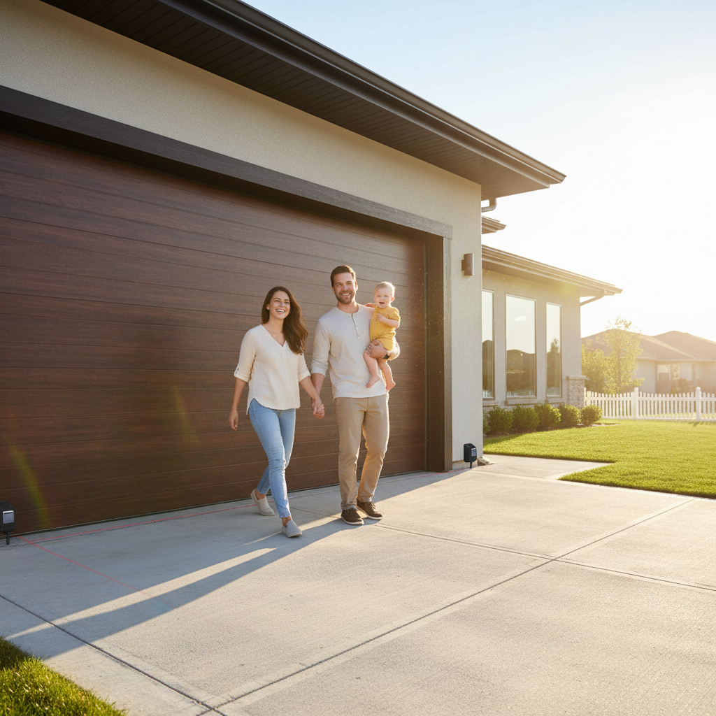 Uśmiechnięta rodzina z małym dzieckiem wychodzi z garażu na podjazd. Brama garażowa jest w pełni otwarta. Scena jest jasna i pełna słońca, co podkreśla atmosferę bezpieczeństwa i spokoju, jaką zapewniają nowoczesne systemy zabezpieczeń, takie jak fotokomórki.