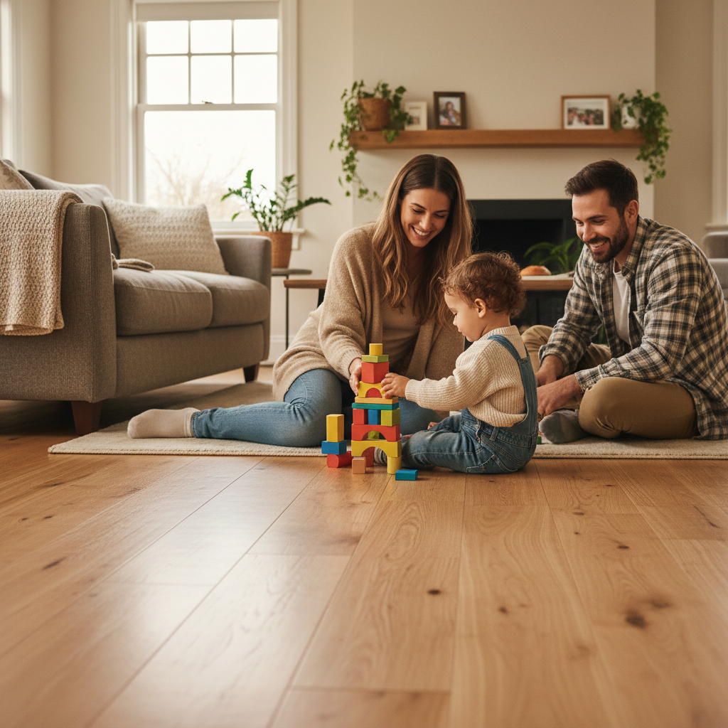 Ciepła, rodzinna scena w przytulnym salonie. Rodzice z małym dzieckiem bawią się beztrosko na podłodze z naturalnego drewna. Dziecko układa klocki, a rodzice patrzą na nie z uśmiechem. Scena podkreśla ciepło, bezpieczeństwo i komfort, jaki daje drewniana podłoga. Oświetlenie jest miękkie i naturalne.