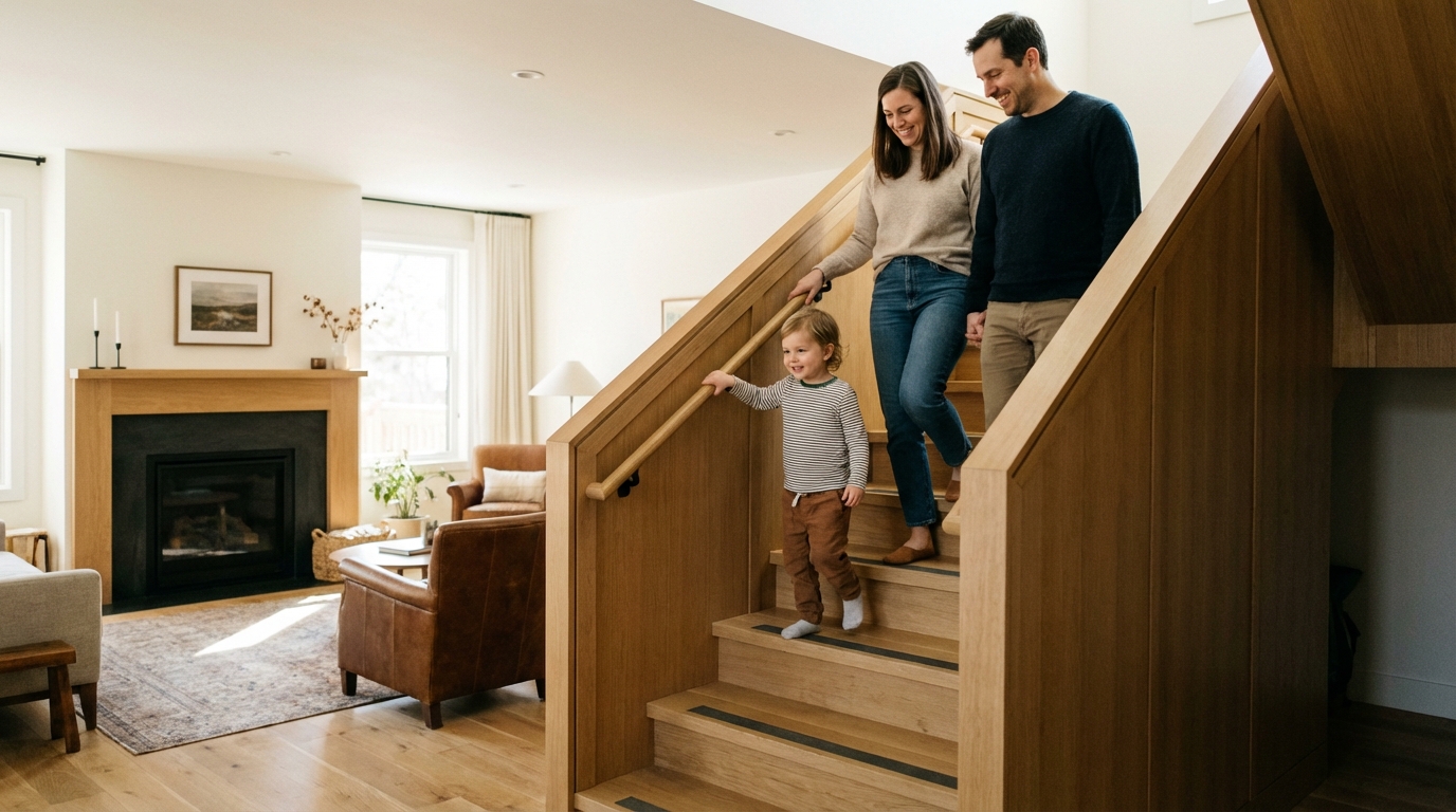 Rodzina z małym dzieckiem schodząca po eleganckich, ale bezpiecznych schodach w salonie. Dziecko trzyma się solidnej balustrady, a rodzice uśmiechają się. W tle widać przytulny salon, co podkreśla integracyjny charakter tego rozwiązania.