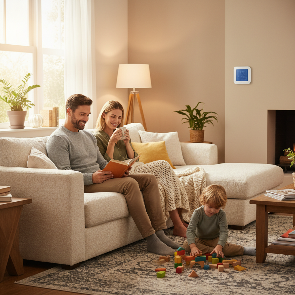 Ciepłe, przytulne ujęcie szczęśliwej rodziny relaksującej się razem na dużej, wygodnej sofie w salonie. W tle dyskretnie widoczny jest nowoczesny termostat ścienny. Ojciec czyta książkę, matka pije herbatę, a dziecko bawi się na dywanie. Cała scena emanuje spokojem, ciepłem i poczuciem bezpieczeństwa.