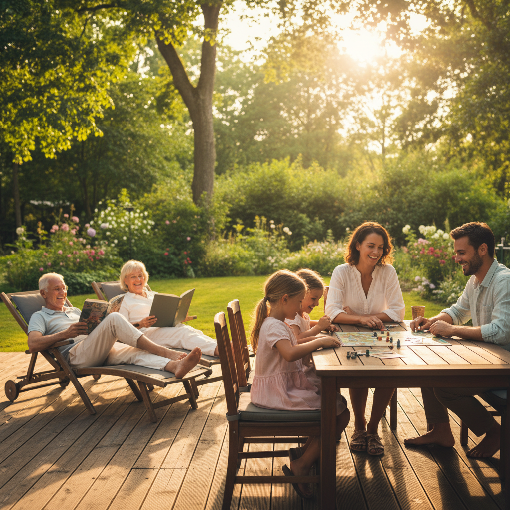 Szczęśliwa, wielopokoleniowa rodzina spędzająca czas na drewnianym tarasie domku letniskowego. Dziadkowie czytają książki na leżakach, rodzice grają w planszówki z dziećmi przy dużym stole. W tle widać bujny, zielony ogród i zachodzące słońce, które rzuca ciepłe, złote światło na całą scenę.