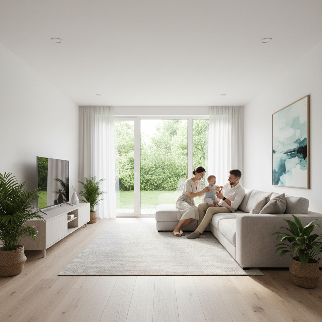 Jasny, przestronny i nowocześnie urządzony salon z dużymi oknami wychodzącymi na zielony ogród. Na wygodnej kanapie relaksuje się uśmiechnięta rodzina z małym dzieckiem. Wnętrze jest skąpane w delikatnym, naturalnym świetle, które podkreśla wrażenie czystości i świeżości powietrza. Atmosfera jest spokojna, zdrowa i pełna domowego ciepła.