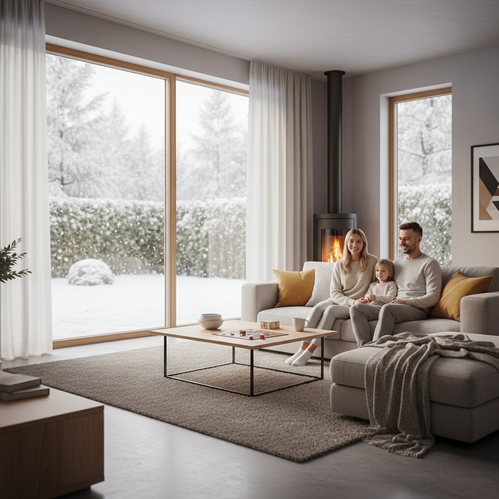 Przytulny, nowocześnie urządzony salon w domu jednorodzinnym. Za dużym, panoramicznym oknem widać ośnieżony ogród. Wewnątrz, na wygodnej kanapie siedzi uśmiechnięta rodzina w lekkich ubraniach, ciesząc się ciepłem i komfortem. Światło jest ciepłe i naturalne.