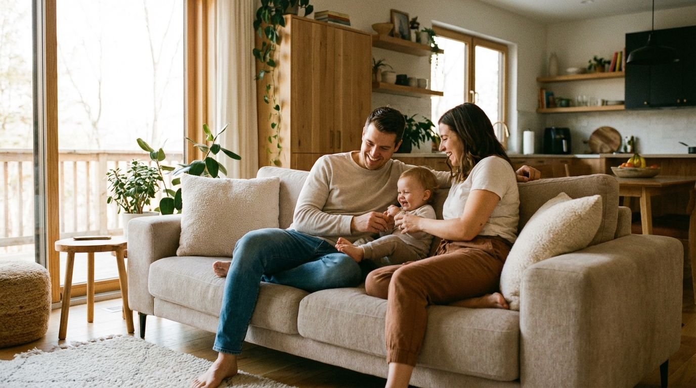 Ciepła, rodzinna scena w salonie nowocześnie urządzonego domu. Młodzi rodzice siedzą na kanapie z małym dzieckiem, bawiąc się i śmiejąc. Światło wpadające przez okno tworzy przytulną atmosferę, podkreślając poczucie bezpieczeństwa i szczęścia rodzinnego.