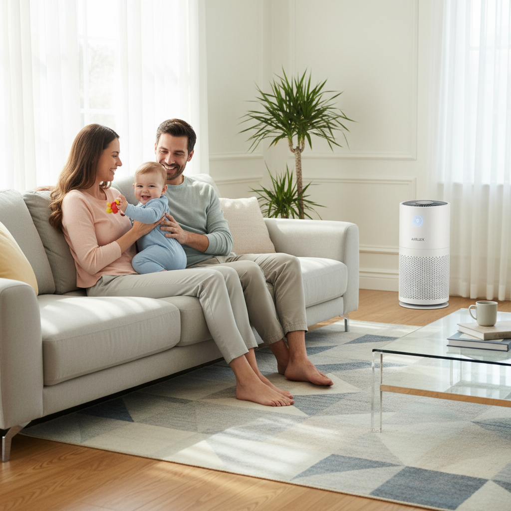 Uśmiechnięta rodzina z małym dzieckiem relaksująca się na kanapie w jasnym, nowoczesnym salonie. W tle dyskretnie stoi elegancki oczyszczacz powietrza, symbolizując zdrową i bezpieczną atmosferę w domu.