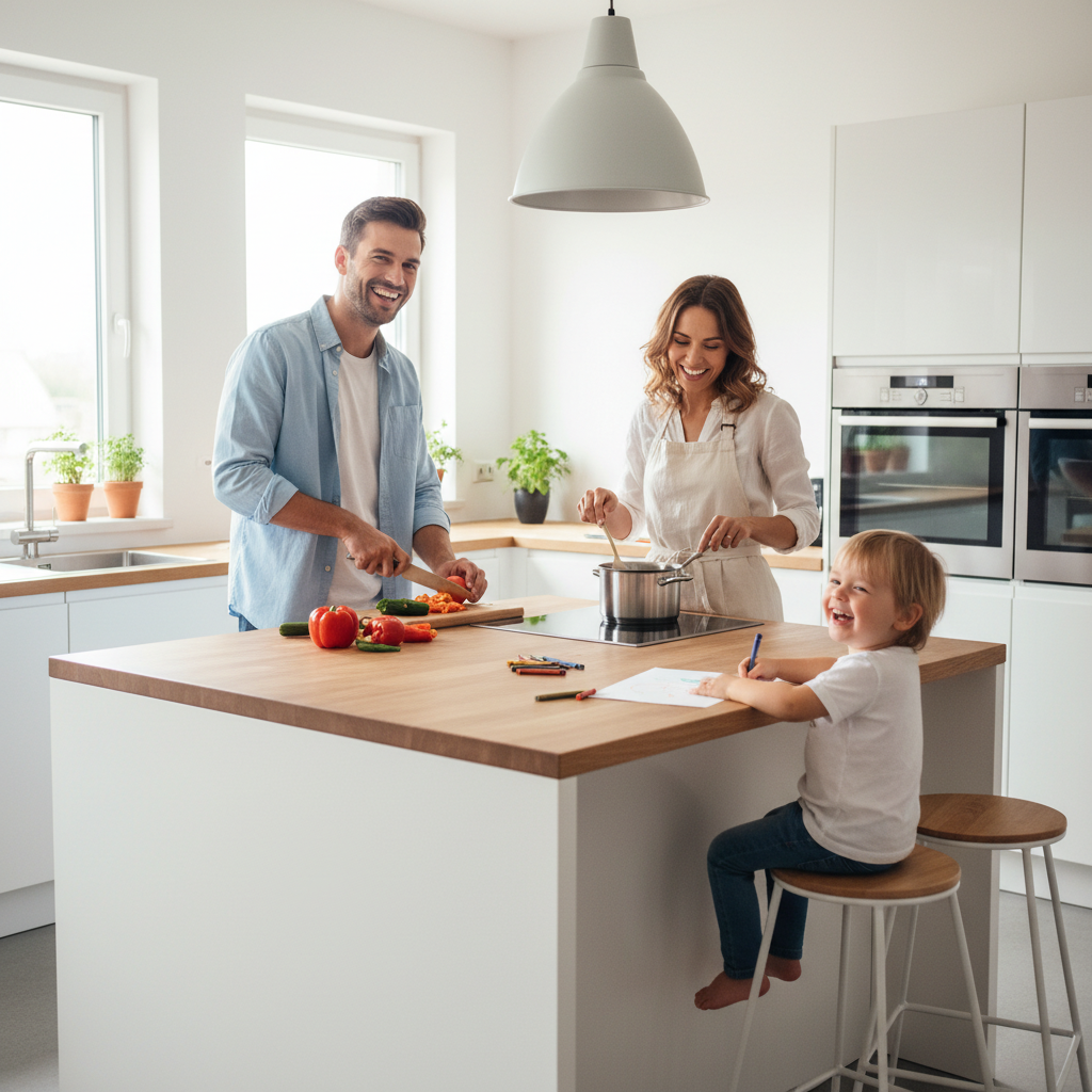Szczęśliwa rodzina (dwoje dorosłych i dziecko) w nowoczesnej, jasnej kuchni. Ojciec kroi warzywa na wyspie kuchennej, matka miesza coś w garnku na płycie indukcyjnej, a uśmiechnięte dziecko siedzi przy blacie, rysując. Wnętrze jest ergonomiczne i pełne światła, co podkreśla komfort i radość ze wspólnego spędzania czasu w dobrze zaprojektowanej przestrzeni.