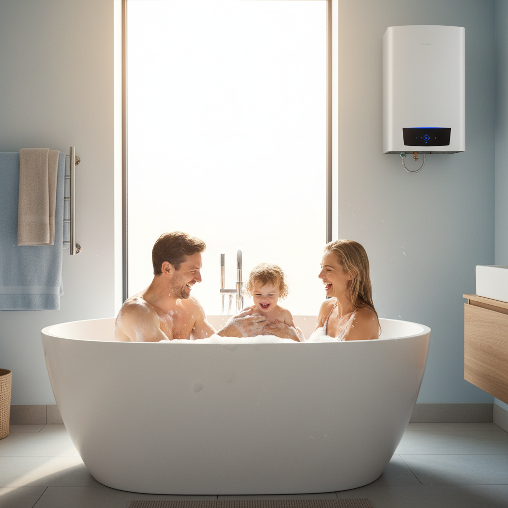 Jasna, nowoczesna łazienka z dużym oknem, przez które wpada naturalne światło. Szczęśliwa rodzina, rodzice z dzieckiem, cieszą się wspólną kąpielą w wannie pełnej piany. Scena emanuje ciepłem, komfortem i beztroską, subtelnie sugerując korzyści płynące z niezawodnego i taniego dostępu do ciepłej wody użytkowej.