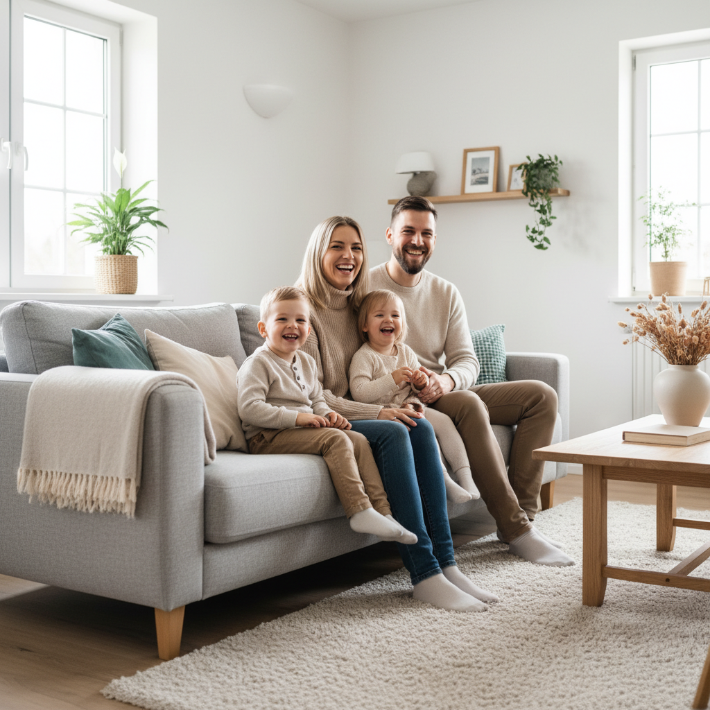 Uśmiechnięta, młoda polska rodzina z dwójką małych dzieci, siedząca na wygodnej kanapie w swoim świeżo wyremontowanym, jasnym salonie. Wnętrze jest w stylu skandynawskim, z dużą ilością naturalnego światła, białymi ścianami i elementami z jasnego drewna. Zdjęcie emanuje ciepłem, radością i poczuciem komfortu, idealnie ilustrując cel, dla którego Polacy decydują się na remont.