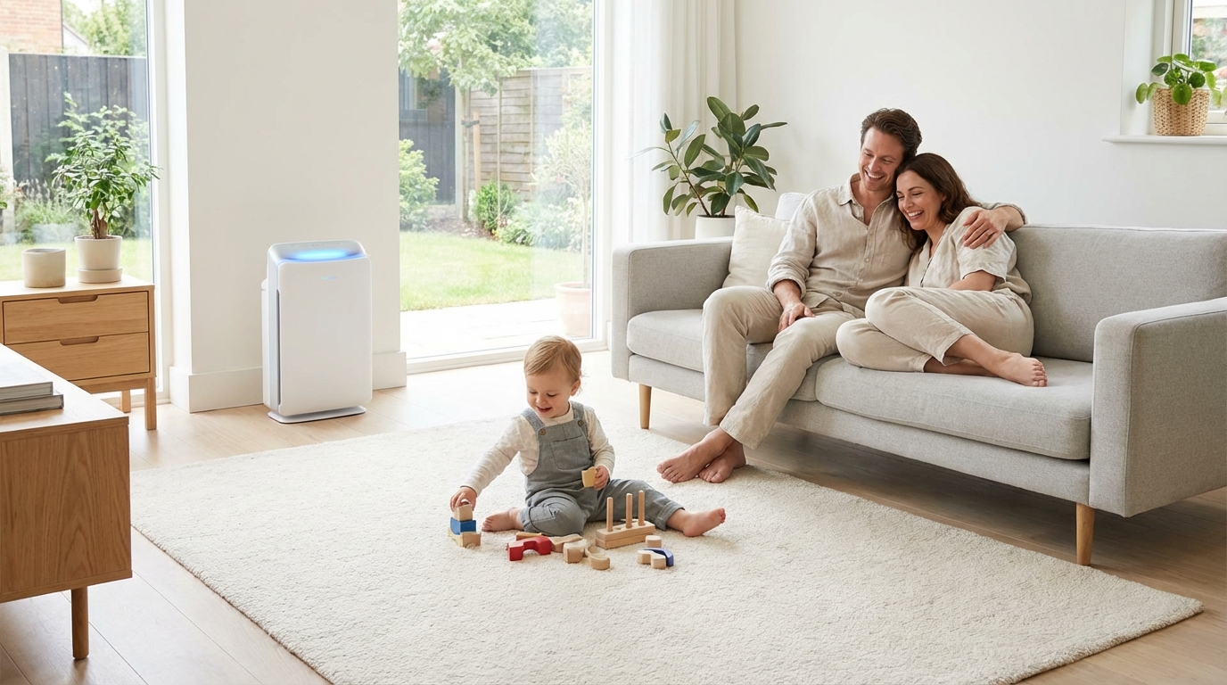 Szczęśliwa, zrelaksowana rodzina z małym dzieckiem spędza czas w jasnym, czystym salonie. Dziecko bawi się na dywanie, a rodzice siedzą na kanapie. W tle dyskretnie stoi nowoczesny oczyszczacz powietrza, symbolizujący dbałość o zdrowe środowisko domowe.