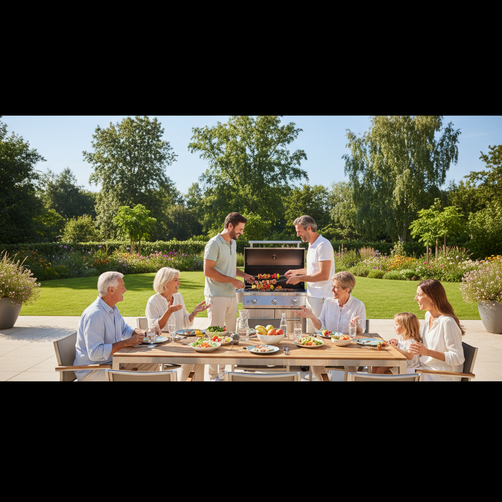 Słoneczny, letni dzień. Uśmiechnięta, wielopokoleniowa rodzina spędza czas na nowoczesnym tarasie. W tle widać piękny, zadbany ogród. W centrum uwagi znajduje się nowoczesny grill, przy którym ojciec z synem przygotowują jedzenie. Wokół stołu siedzą pozostali członkowie rodziny, śmiejąc się i rozmawiając. Scena ma być pełna ciepła, radości i relaksu.