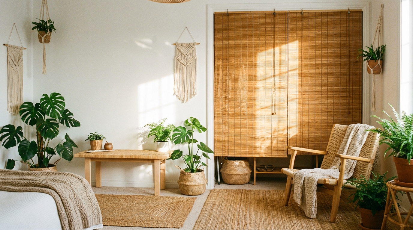 Jasne, przytulne wnętrze w stylu boho z dużą ilością roślin doniczkowych i meblami z naturalnego drewna. Garderoba jest zasłonięta roletą wykonaną z cienkich, bambusowych listewek, która rzuca ciepłe, przefiltrowane światło i dodaje tekstury minimalistycznej ścianie.