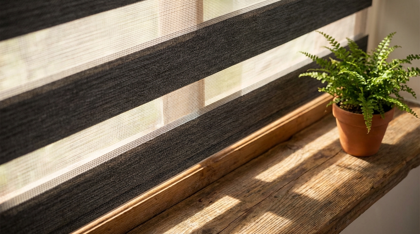 Zbliżenie na fragment rolety typu dzień i noc, pokazujące strukturę materiału z naprzemiennymi pasami transparentnymi i zaciemniającymi. Przez przezroczyste pasy delikatnie wpada światło, tworząc ciekawy efekt wizualny na parapecie, na którym stoi mała roślina doniczkowa.
