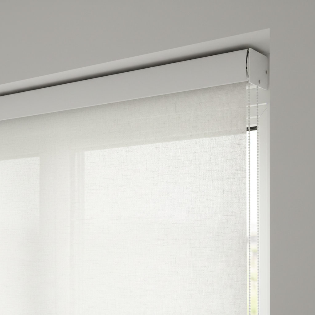 Zbliżenie na górną część okna, gdzie zamontowana jest nowoczesna roleta materiałowa w białej, aluminiowej kasecie. Widać fragment eleganckiej tkaniny o wyraźnej fakturze lnu. Detale mechanizmu są precyzyjnie wykonane i niemal niewidoczne. Całość prezentuje się czysto i minimalistycznie.