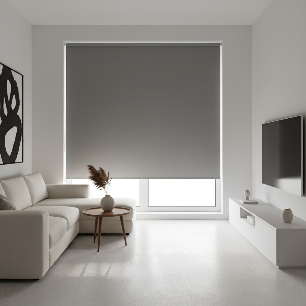 Nowoczesne, minimalistyczne wnętrze małego salonu, gdzie na oknie zamontowane są gładkie, szare rolety materiałowe. Rolety są częściowo opuszczone, precyzyjnie kontrolując ilość wpadającego światła. Wnętrze jest uporządkowane i funkcjonalne.