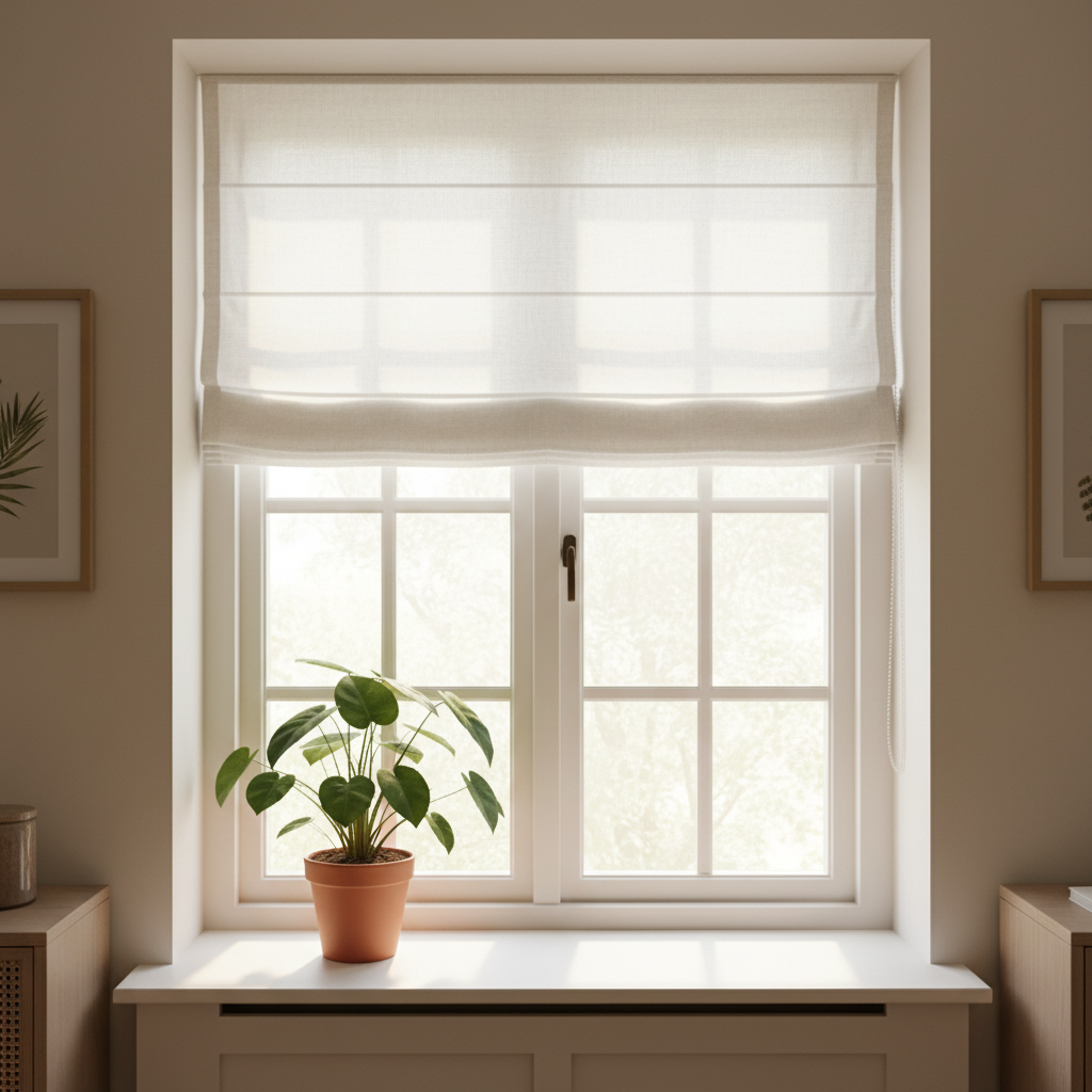 Zbliżenie na duże, jasne okno w małym, stylowym pokoju. Na oknie zamontowana jest elegancka, biała roleta rzymska wykonana z półprzeźroczystego lnu. Słońce delikatnie przenika przez materiał, tworząc miękkie, rozproszone światło i przytulną atmosferę. Na parapecie stoi zielona roślina doniczkowa.