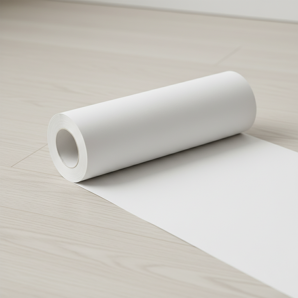 Estetyczne, minimalistyczne ujęcie rolki papieru gładziowego leżącej na jasnej, drewnianej podłodze. Jeden koniec rolki jest lekko rozwinięty, ukazując jej idealnie gładką, białą fakturę. Scena jest skąpana w miękkim, rozproszonym świetle, podkreślając czystość i jakość produktu.