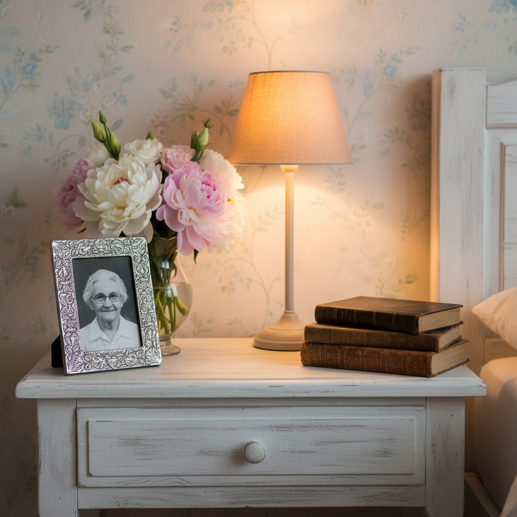 Zbliżenie na stolik nocny z białego, postarzanego drewna. Na stoliku stoi mała lampka z abażurem z tkaniny, rzucająca ciepłe światło, obok niej mały wazonik ze świeżymi kwiatami, kilka starych książek oraz czarno-biała fotografia w ozdobnej, srebrnej ramce. Tło stanowi ściana z subtelną, kwiatową tapetą.