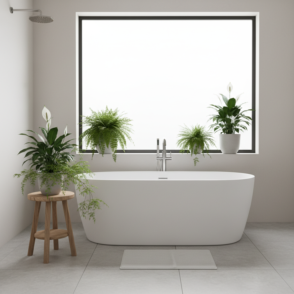 jasna, nowoczesna łazienka z wolnostojącą wanną, na parapecie i drewnianym stołku stoją bujne, zielone rośliny doniczkowe, takie jak paproć i skrzydłokwiat, dodając wnętrzu życia i naturalnego klimatu.