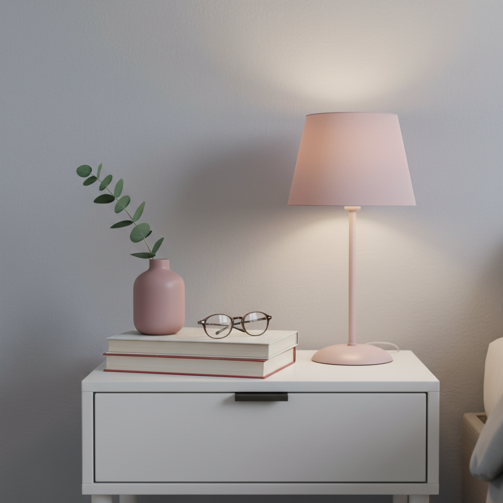 Zbliżenie na stylowo zaaranżowaną szafkę nocną w sypialni. Na białej szafce stoi mały ceramiczny wazon w kolorze brudnego różu z gałązką eukaliptusa, stos książek i elegancka, niewielka lampka z abażurem w odcieniu pudrowego różu, rzucająca ciepłe, miękkie światło. Tłem jest ściana w kolorze gołębiej szarości. Kompozycja skupia się na grze faktur i spokojnej, przytulnej atmosferze. Zdjęcie hiperrealistyczne, z miękkim oświetleniem.