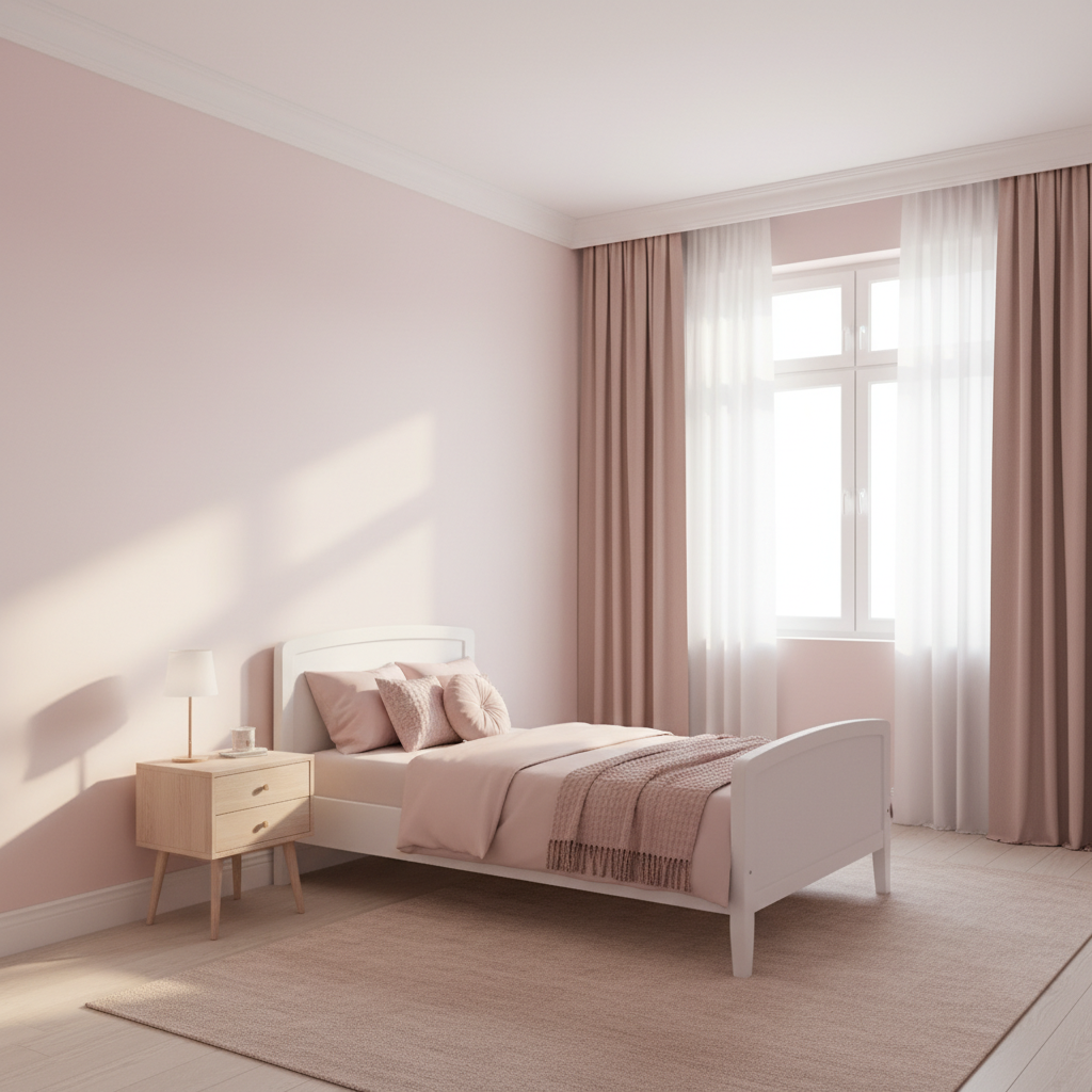 Jasny, przestronny pokój dziecka urządzony w odcieniach pudrowego różu i bieli. W centralnym punkcie znajduje się proste, białe łóżko z różową pościelą i kilkoma poduszkami. Obok stoi mały, drewniany stolik nocny. Ściany są pomalowane na kolor bardzo delikatnego, pastelowego różu. Na podłodze leży miękki, beżowy dywan. Przez duże okno wpada ciepłe, naturalne światło, tworząc spokojną i przytulną atmosferę. Stylistyka jest nowoczesna, minimalistyczna i elegancka.