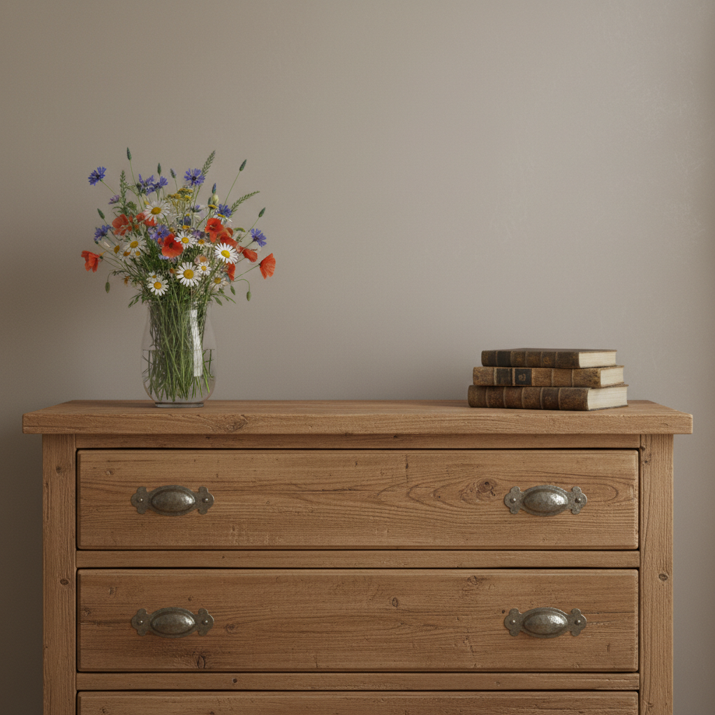 Masywna, drewniana komoda w stylu rustykalnym, z rzeźbionymi detalami i ozdobnymi, metalowymi uchwytami. Stoi przy ścianie w stonowanym kolorze. Na komodzie znajduje się wazon z polnymi kwiatami i kilka książek.