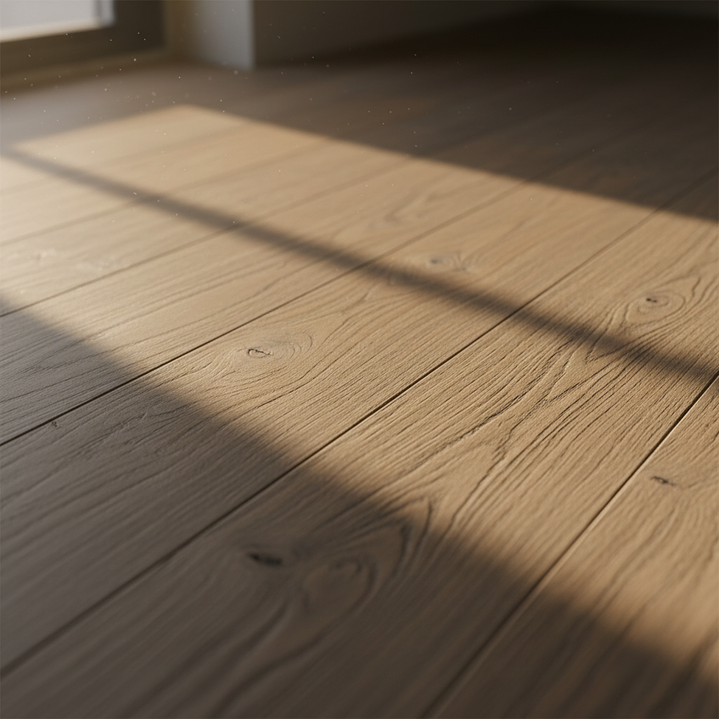 Zbliżenie na rustykalną, postarzaną dębową podłogę drewnianą. Tekstura jest bardzo szczegółowa, widać głębokie szczotkowanie, naturalne sęki i subtelne pęknięcia. Ciepłe, miękkie światło z pobliskiego okna pada na powierzchnię, podkreślając jej charakter i kunszt wykonania.