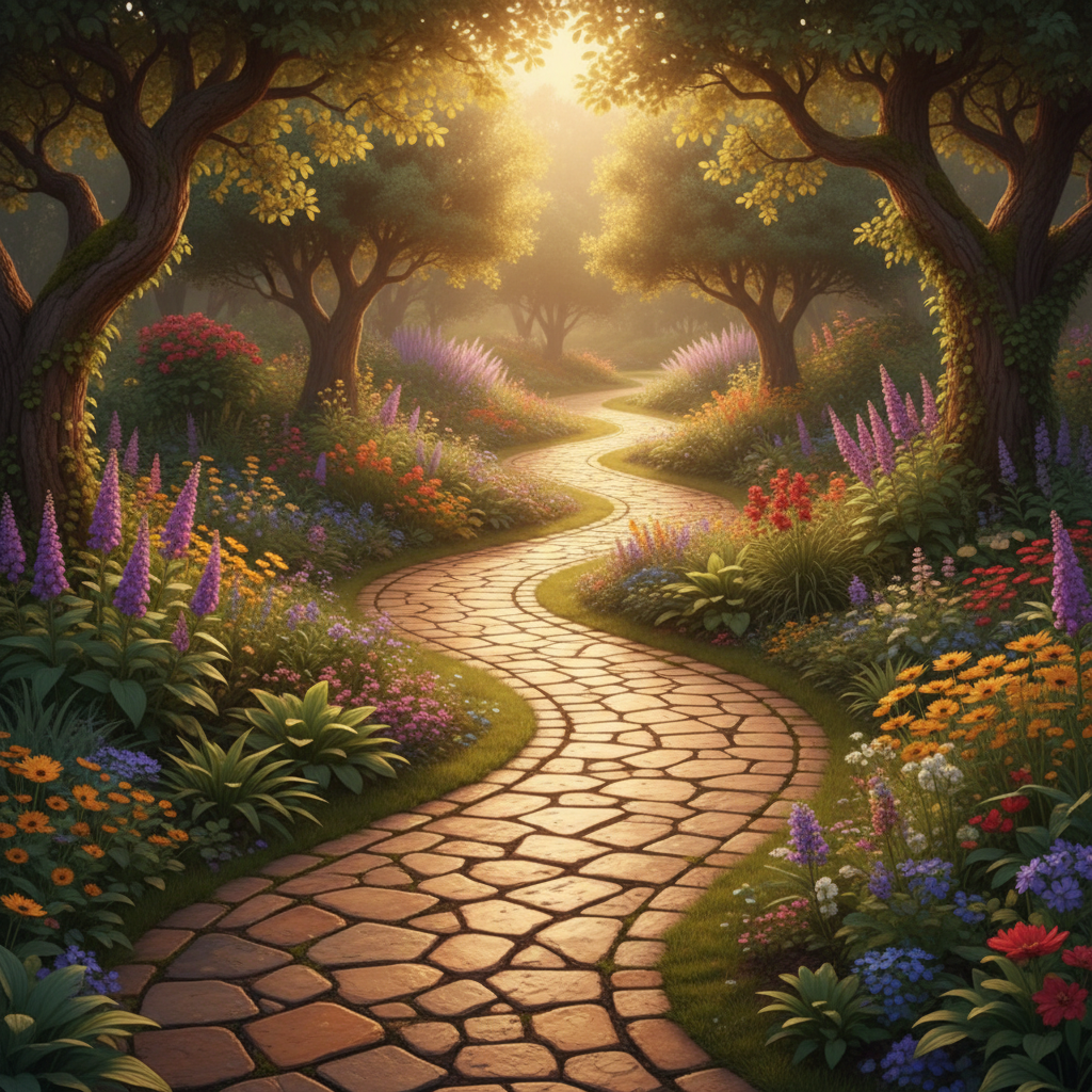 Kręta ścieżka ogrodowa wijąca się wśród bujnej roślinności, kwiatów i starych drzew. Ścieżka wykonana jest z kostki brukowej o nieregularnych kształtach i ciepłych, ziemistych kolorach, imitujących naturalny kamień. Sceneria jest sielska, oświetlona promieniami popołudniowego słońca.