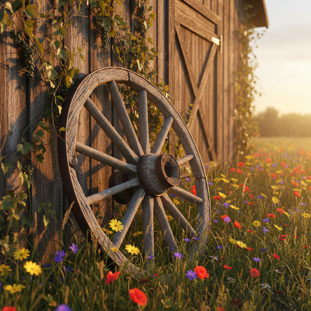 Stare, drewniane koło od wozu z widoczną fakturą drewna, oparte o ścianę wiejskiej, drewnianej stodoły porośniętej dzikim winem. Wokół rosną polne kwiaty i trawy. Scena skąpana jest w ciepłym, złotym świetle zachodzącego słońca, co podkreśla rustykalny i nostalgiczny charakter kompozycji.