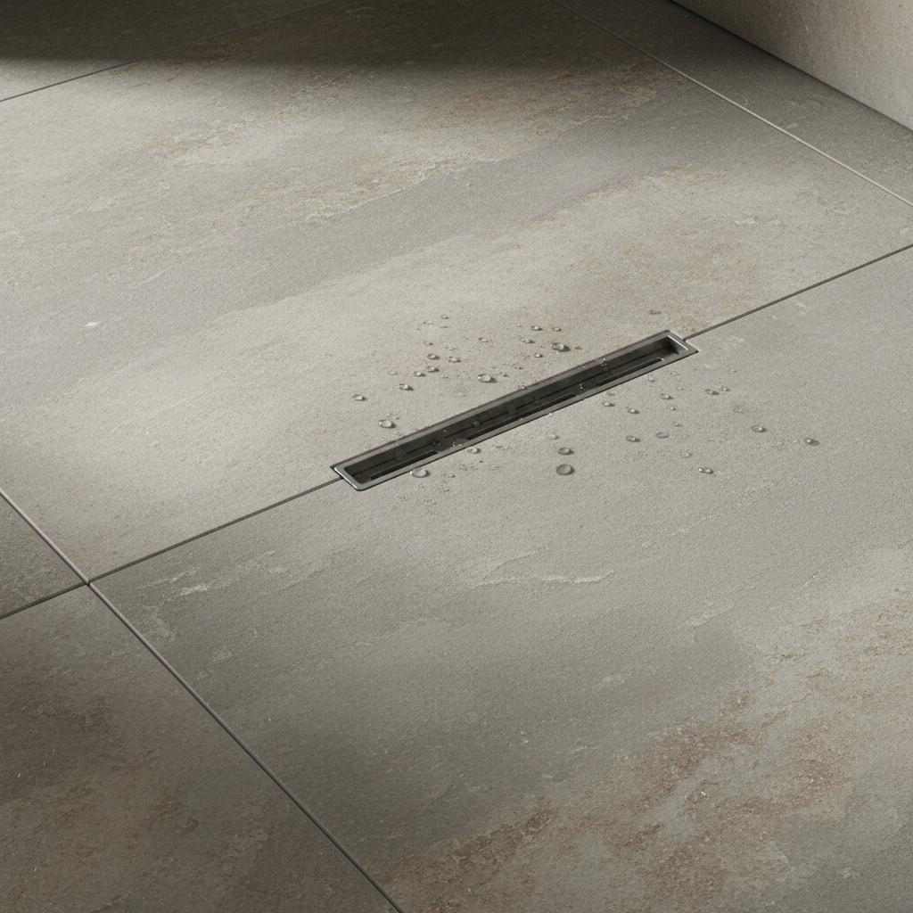 Zbliżenie na elegancki, minimalistyczny ruszt ozdobny odpływu liniowego, który jest do wypełnienia płytką. Wąska, stalowa szczelina jest niemal niewidoczna na tle wielkoformatowych, matowych płytek imitujących naturalny kamień. Kadr podkreśla precyzję wykonania i idealne zlicowanie z powierzchnią podłogi.